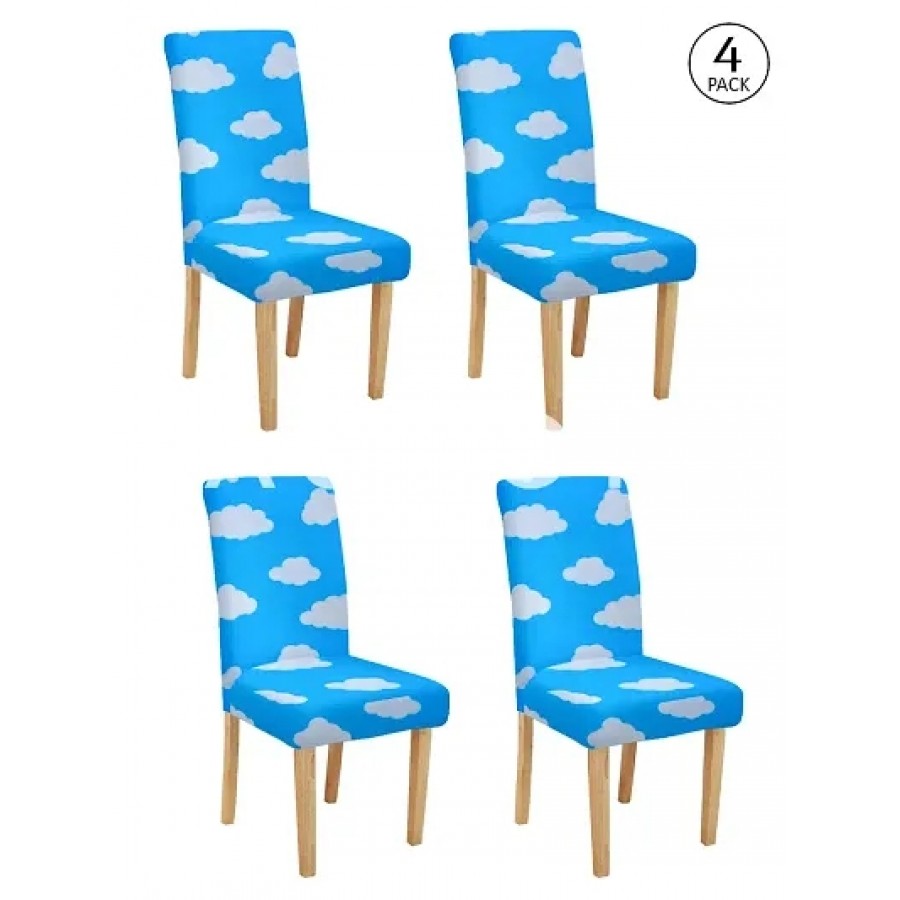 FasHome Blue Polyester Printed Stretchable Removable Dining Chair Covers- Pack Of 4