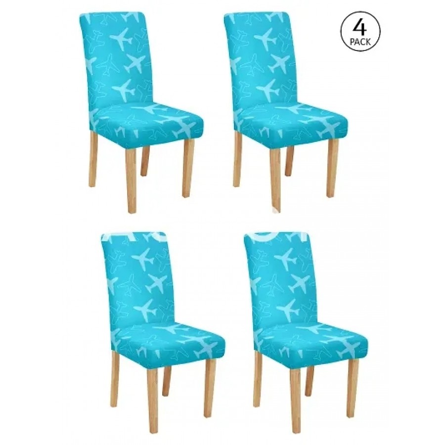 FasHome Blue Polyester Printed Stretchable Removable Dining Chair Covers- Pack Of 4