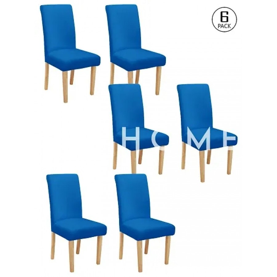 FasHome Blue Polyester Solid Removable Stretchable Dining Chair Slipcover Seat Protector-Pack Of 6