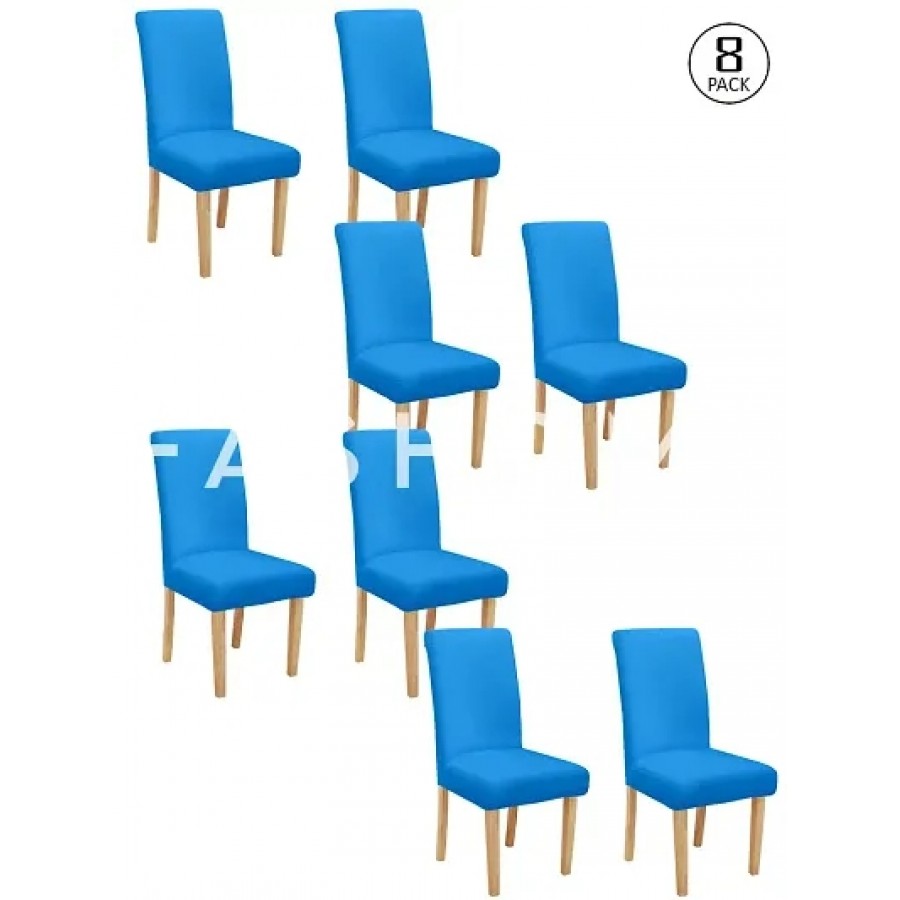 FasHome Blue Polyester Solid Removable Stretchable Dining Chair Slipcover Seat Protector-Pack Of 8