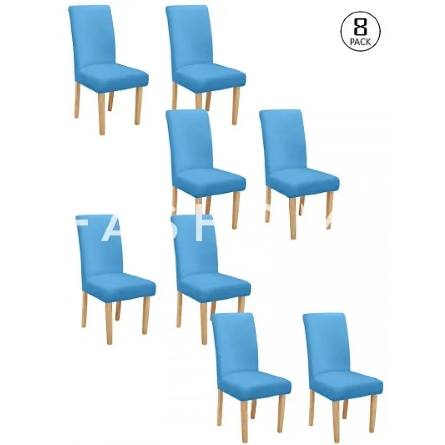 FasHome Blue Polyester Textured Removable Stretchable Dining Chair Slipcover Seat Protector-Pack Of 8