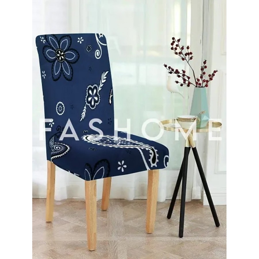 FasHome Classy Navy Blue Polyester Printed Chair Cover (Piece Of 1)