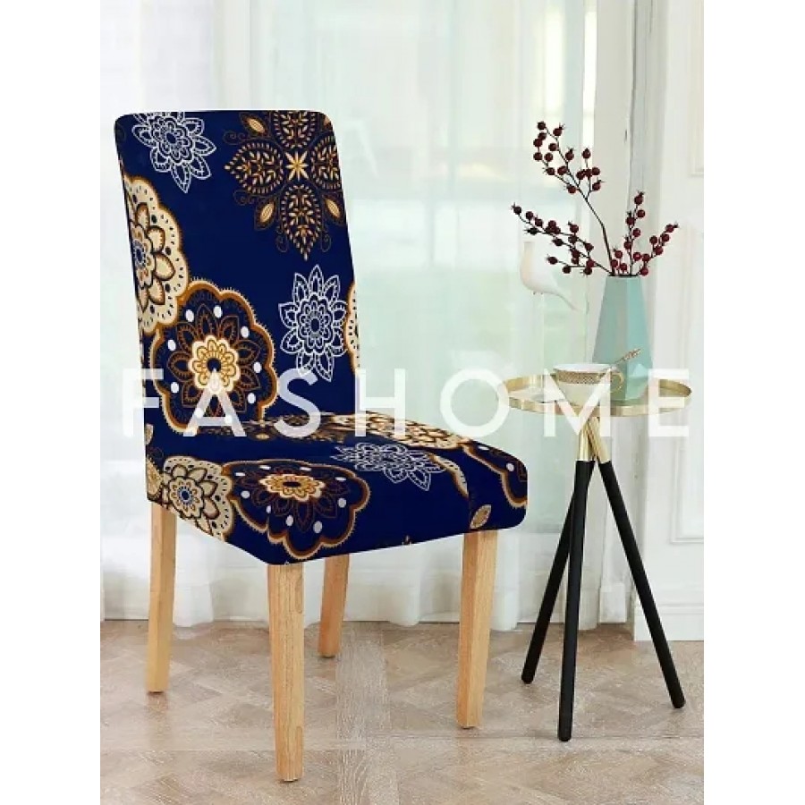 FasHome Classy Navy Blue Polyester Printed Chair Cover (Piece Of 6)