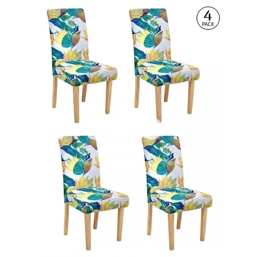 FasHome Multicoloured Polyester Printed Stretchable Removable Dining Chair Covers- Pack Of 4