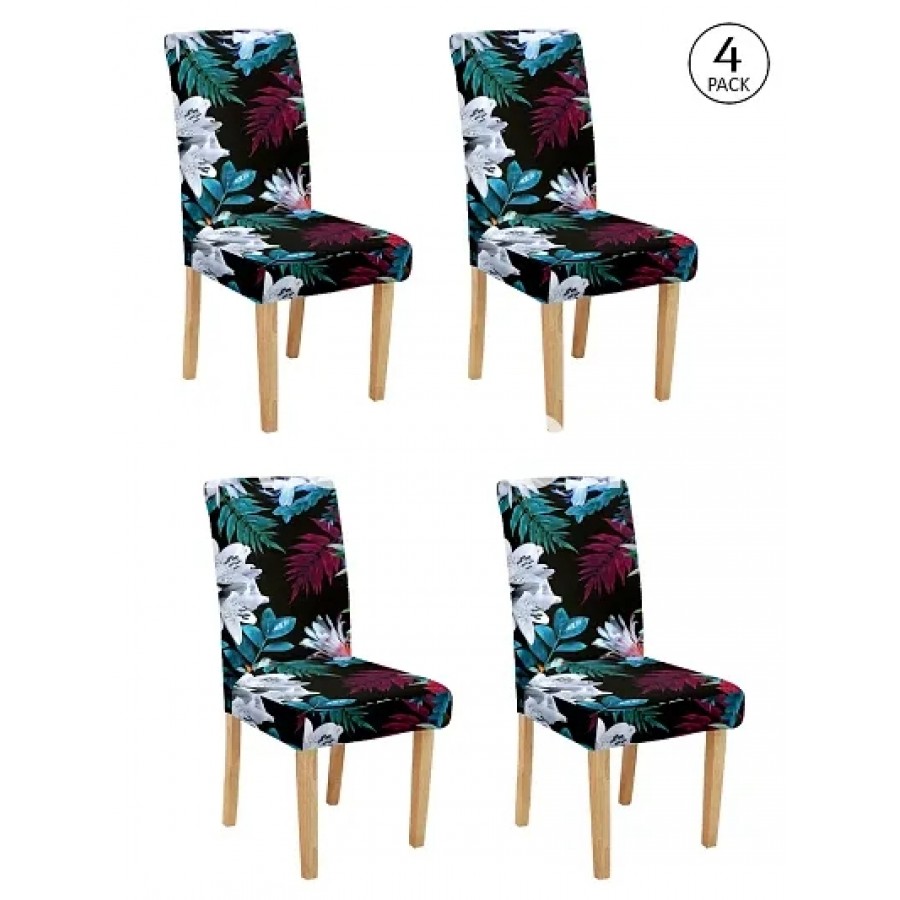 FasHome Multicoloured Polyester Printed Stretchable Removable Dining Chair Covers- Pack Of 4