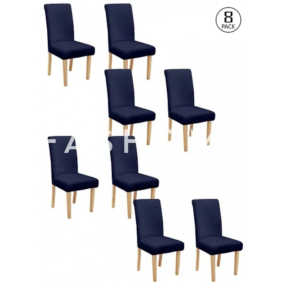 FasHome Navy Blue Polyester Textured Removable Stretchable Dining Chair Slipcover Seat Protector-Pack Of 8