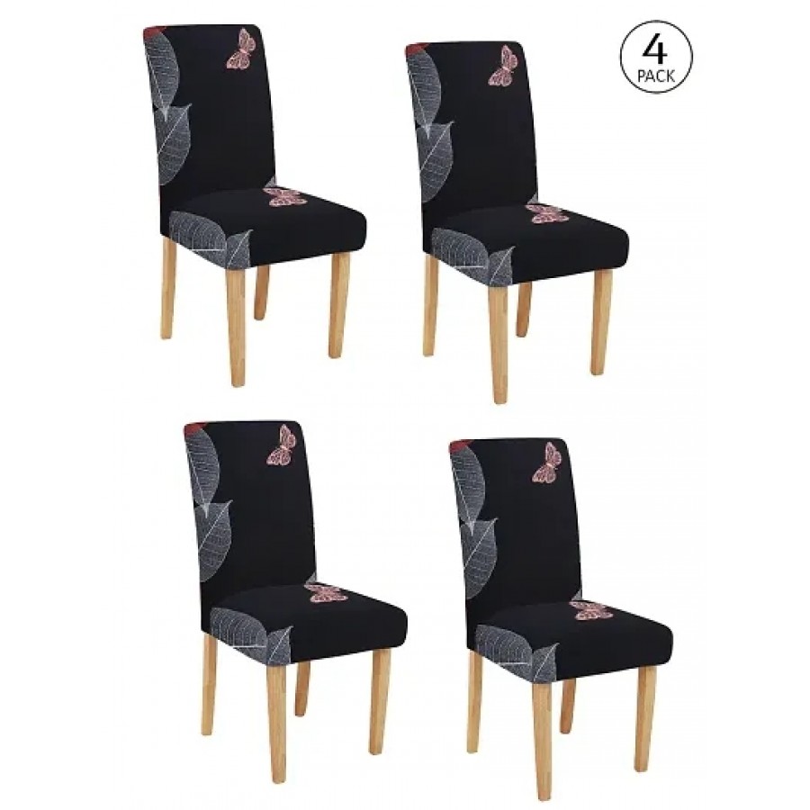 FasHome Premium Black Polyester Printed Chair Cover (Piece Of 4)