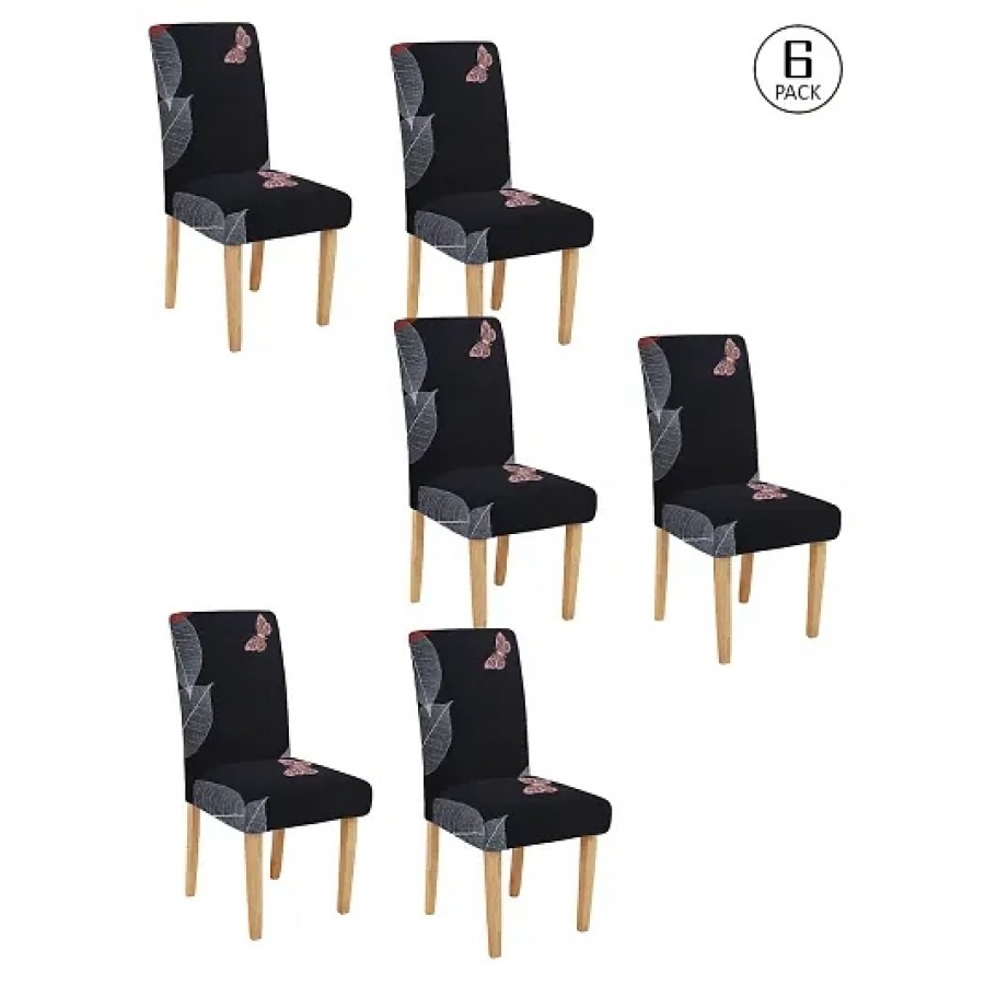 FasHome Premium Black Polyester Printed Chair Cover (Piece Of 6)