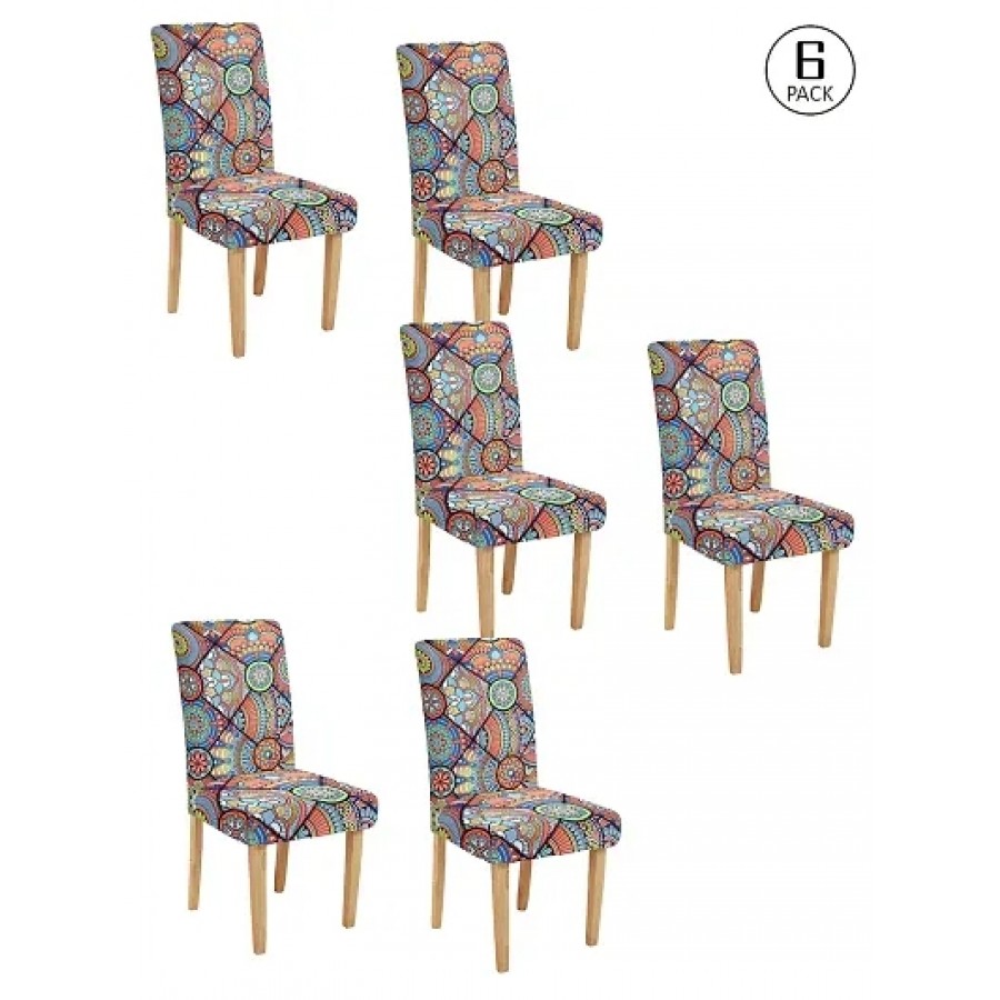 FasHome Premium Multicoloured Polyester Printed Chair Cover (Piece Of 6)