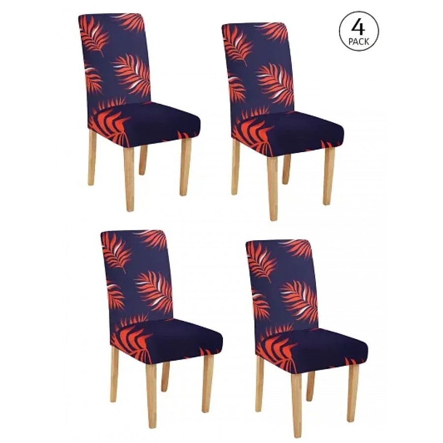 FasHome Premium Navy Blue Polyester Printed Chair Cover (Piece Of 4)