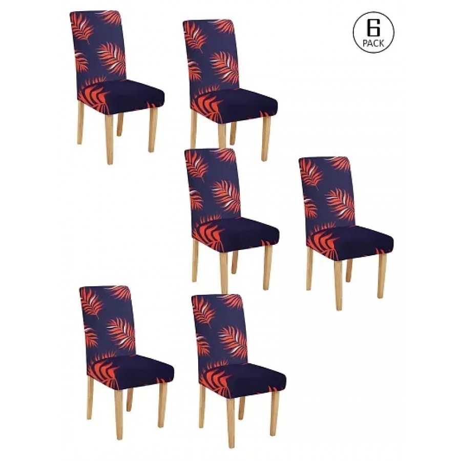 FasHome Premium Navy Blue Polyester Printed Chair Cover (Piece Of 6)