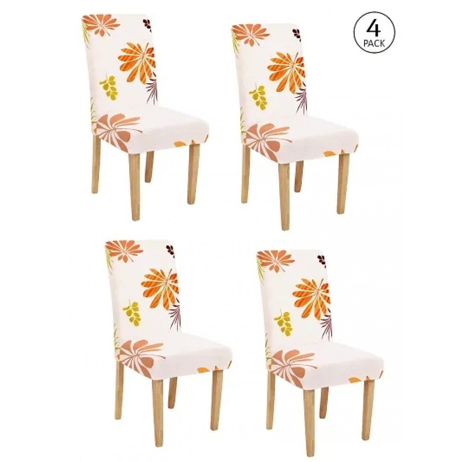 FasHome Premium Off White Polyester Printed Chair Cover (Piece Of 4)