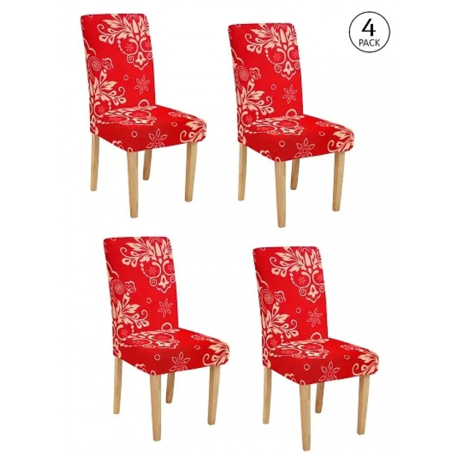 FasHome Premium Red Polyester Printed Chair Cover (Piece Of 4)