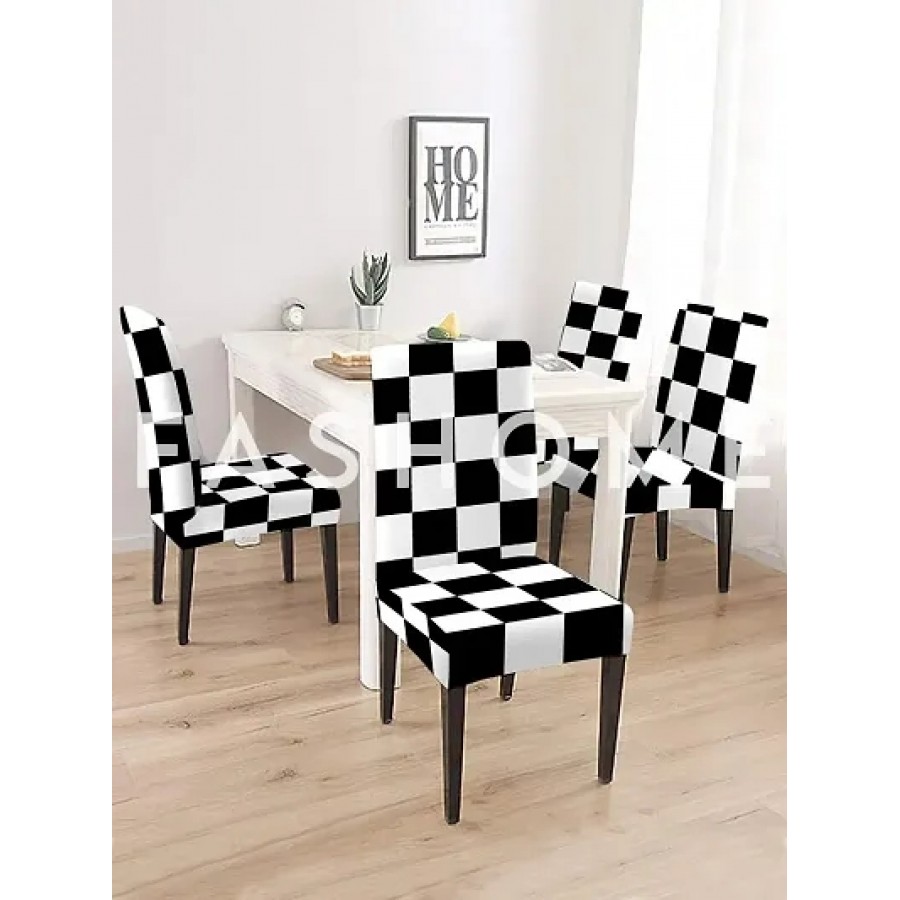 FasHome Stretch Spandex Checked Dining Room Chair Covers  (Pack of 4)