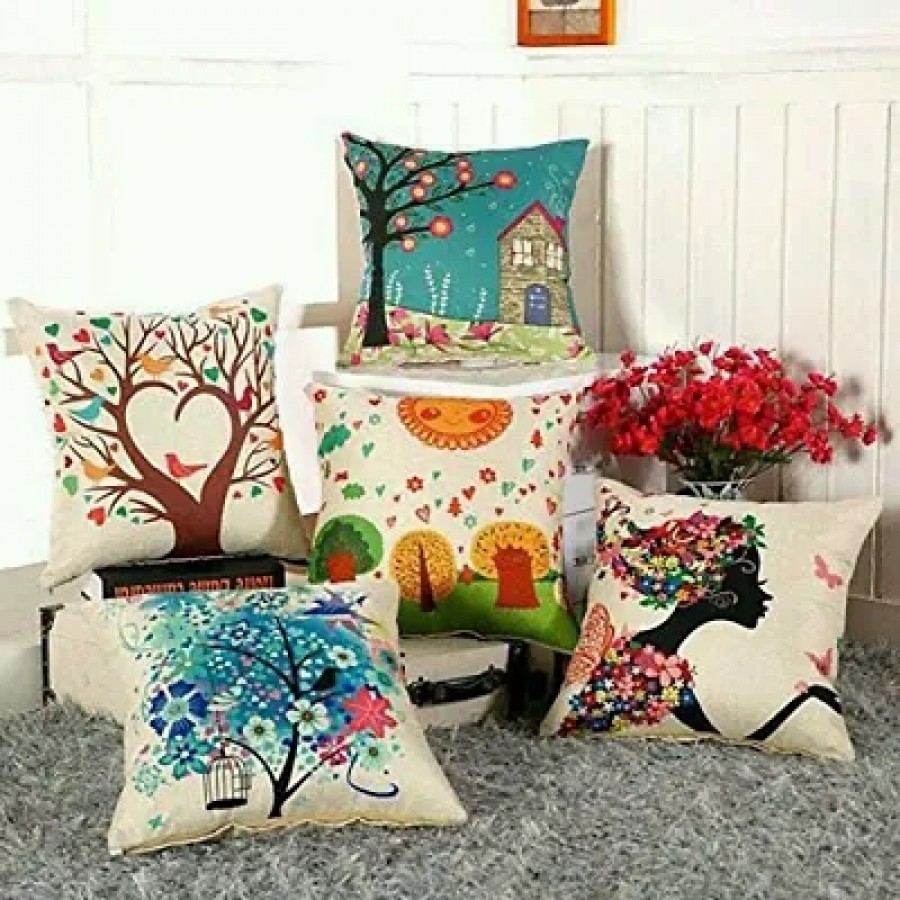 Multicoloured Digital Jute Cushion Cover Set Of 5