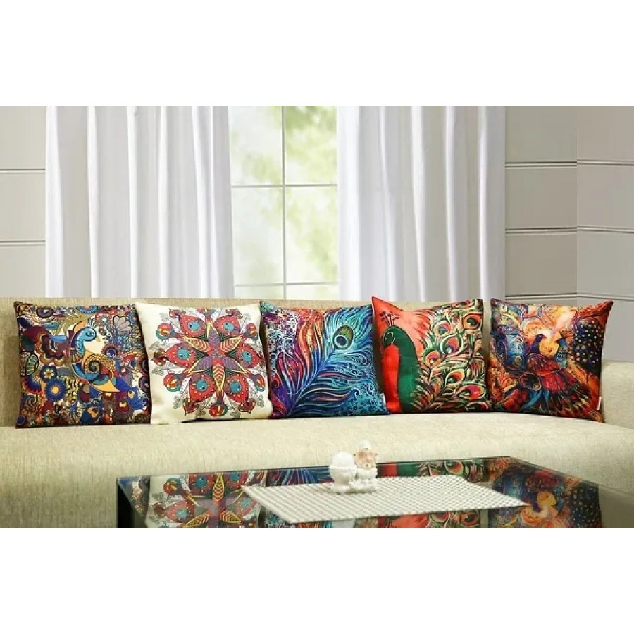 Multicoloured Digital Jute Cushion Cover Set Of 5