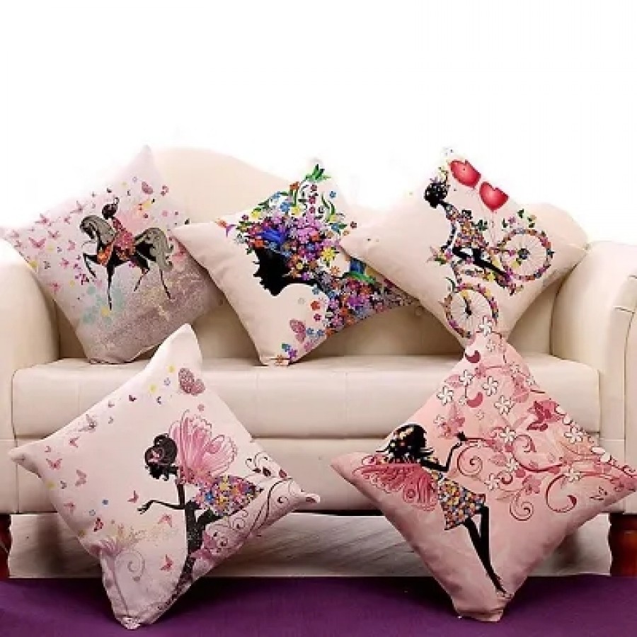 Trendy Attractive Jute Silk Printed Cushion Covers II Set of 5 II