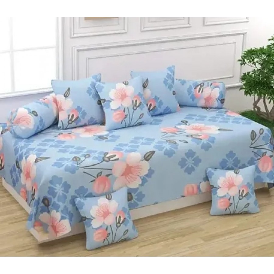 Diwan Set Covers Cotton 8 Pieces Designer Printed Standard Diwan Set (1 Single Bedsheet, 2 Bolster Covers, 5 Cushion Covers