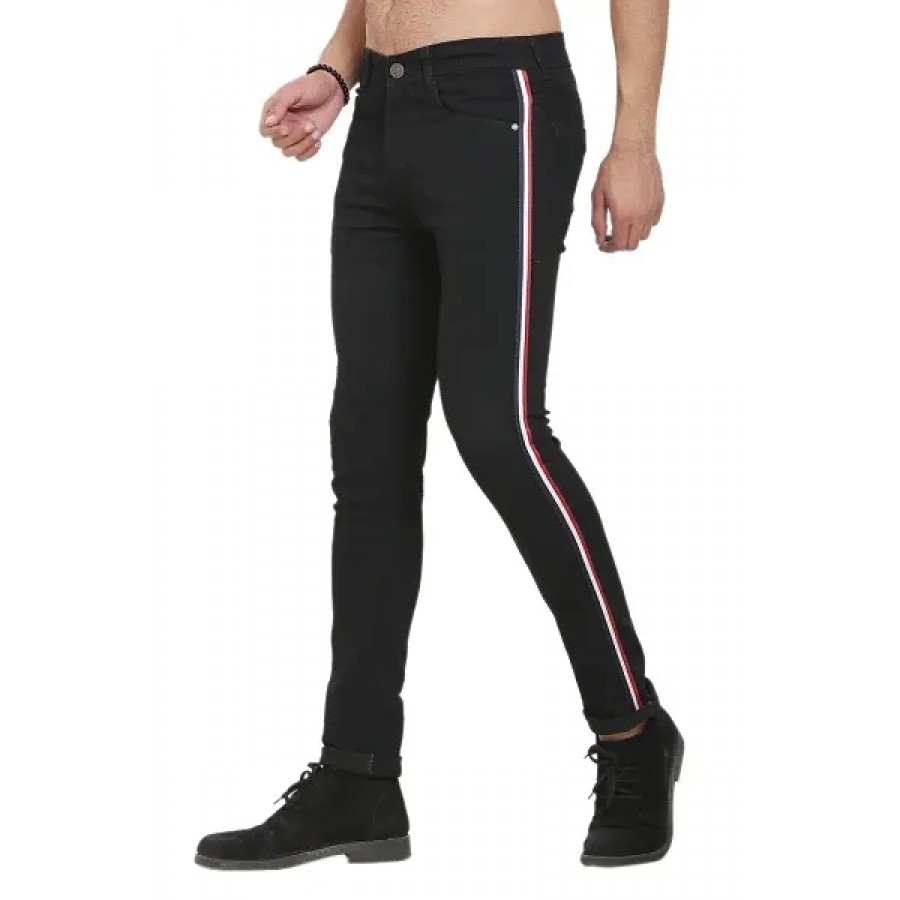 Black Polycotton Striped Regular Fit Mid-Rise Jeans