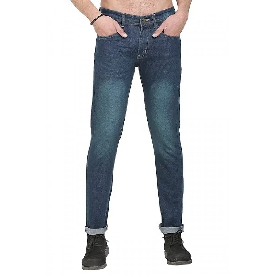 Blue Cotton Blend Mid Rise Jeans For Men