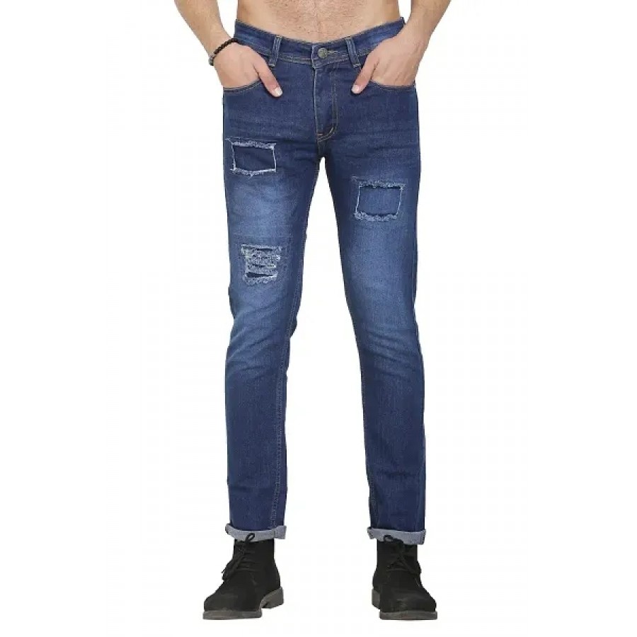 Blue Polycotton Distress Regular Fit Mid-Rise Jeans