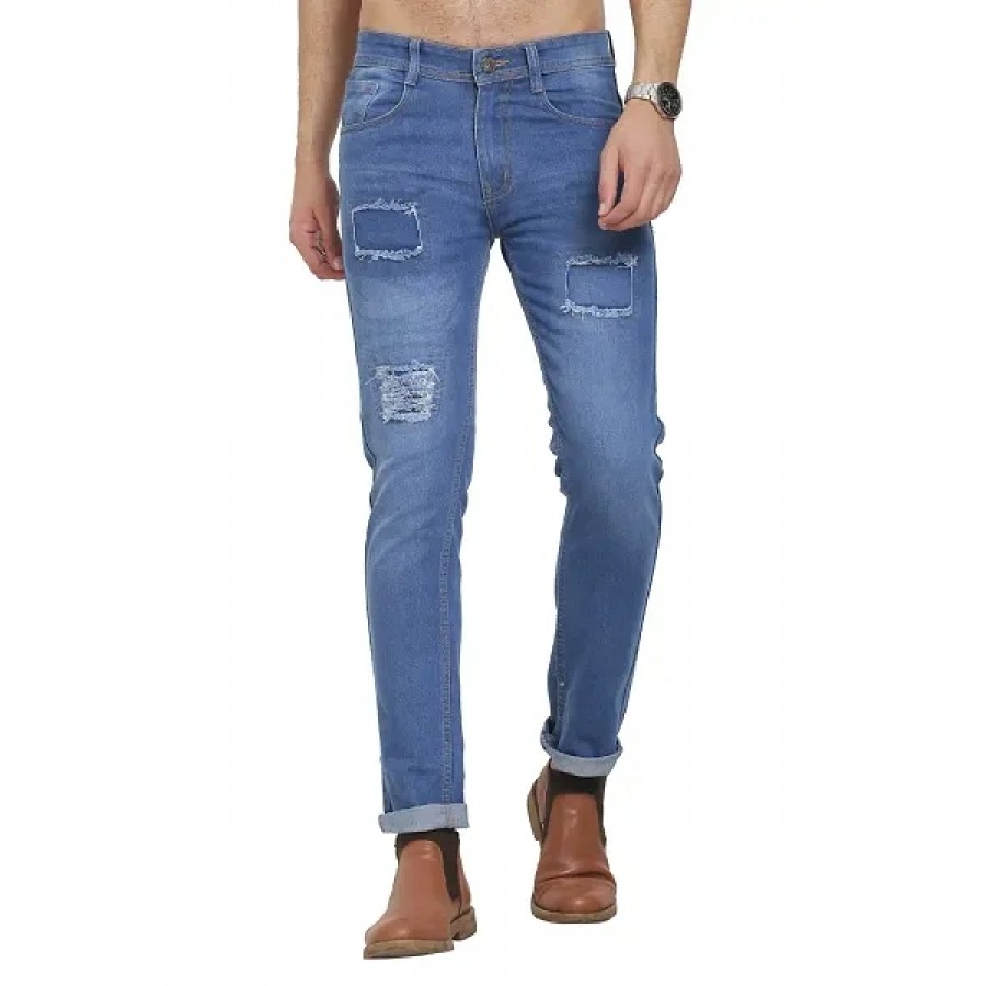 Blue Polycotton Distress Regular Fit Mid-Rise Jeans