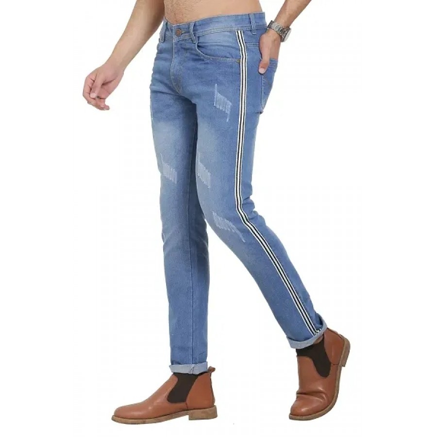 Blue Polycotton Striped Regular Fit Mid-Rise Jeans