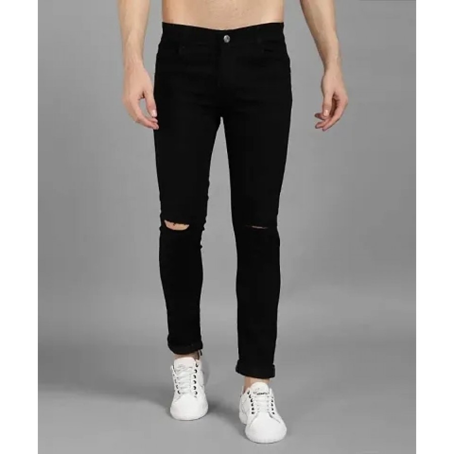 Men Black Knee Cut Slim Fit Jeans