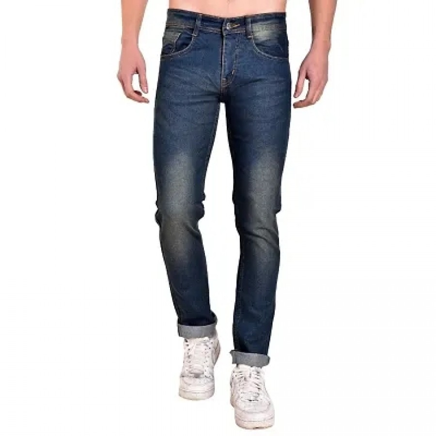 Men's Blue Cotton Spandex Faded Regular Fit Mid-Rise Jeans