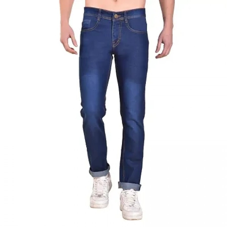 Men's Blue Cotton Spandex Faded Regular Fit Mid-Rise Jeans