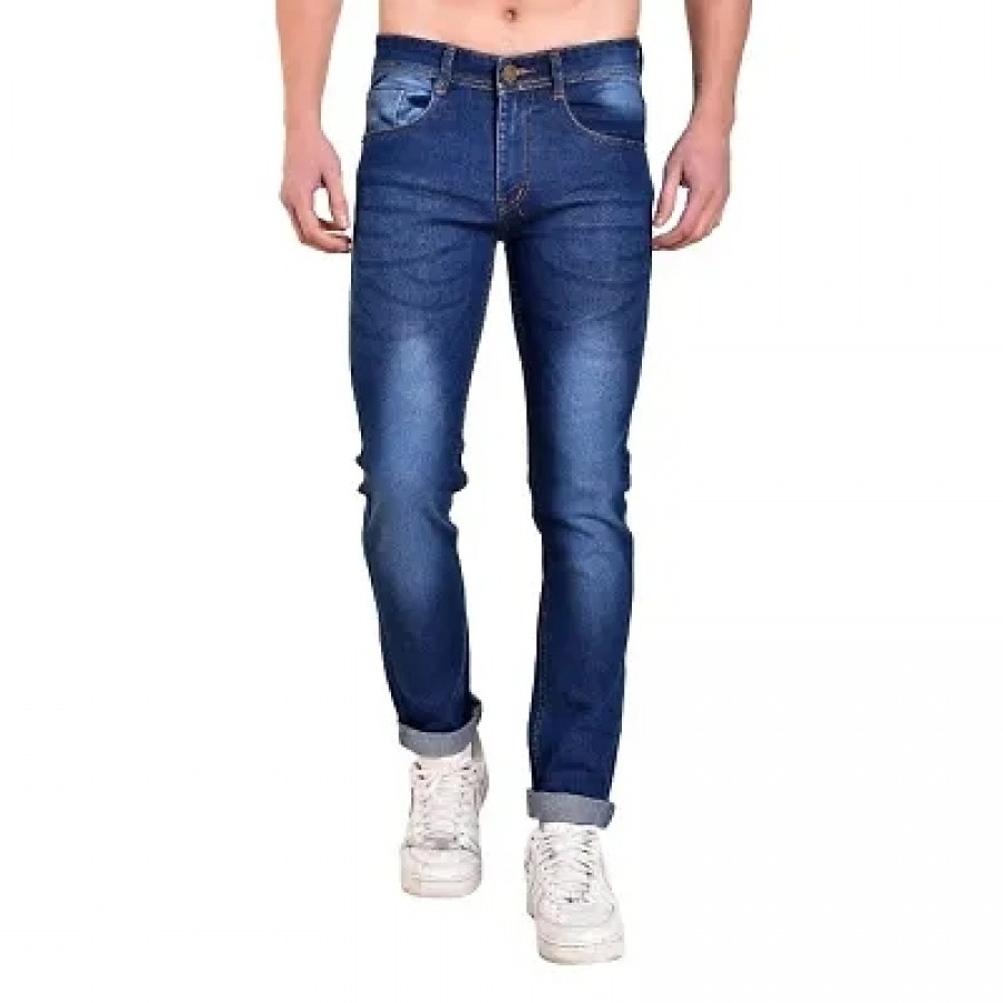 Men's Blue Cotton Spandex Faded Regular Fit Mid-Rise Jeans