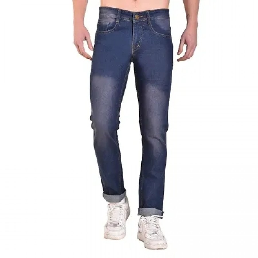 Men's Blue Cotton Spandex Faded Regular Fit Mid-Rise Jeans