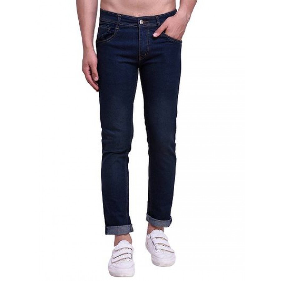 Navy Blue Denim Mid Rise Jeans For Men