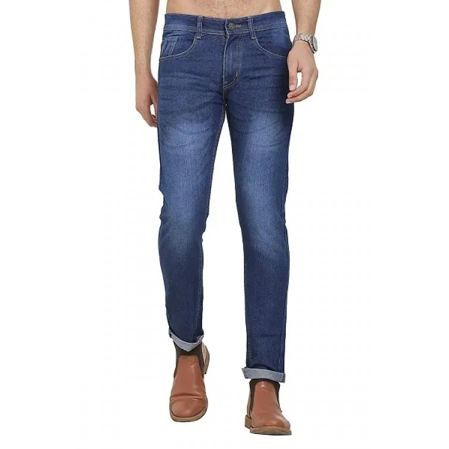 Stylish Cotton Blend Blue Regular Fit Denim Jeans For Men