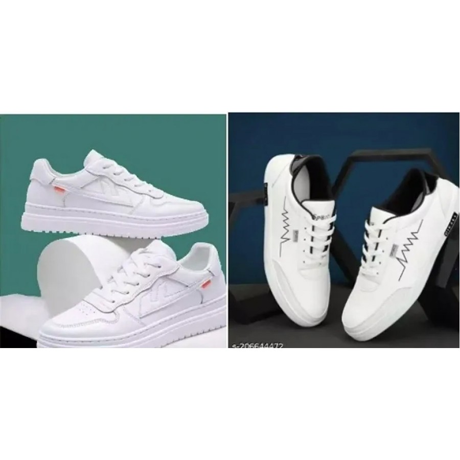 Stylish White Mesh Self Design Sneakers For Men Combo Of 2 Pair