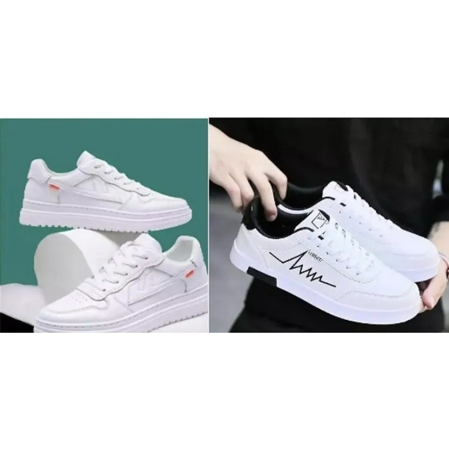 Stylish White Mesh Self Design Sneakers For Men Combo Of 2 Pair