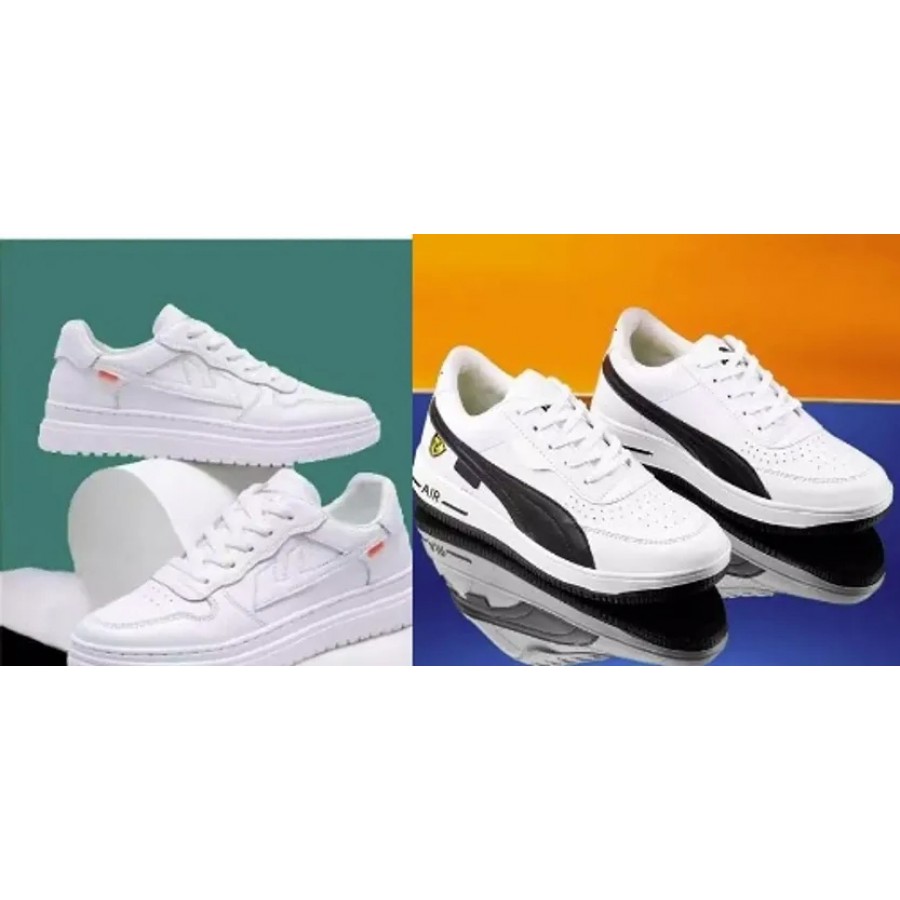 Stylish White Mesh Self Design Sneakers For Men Combo Of 2 Pair