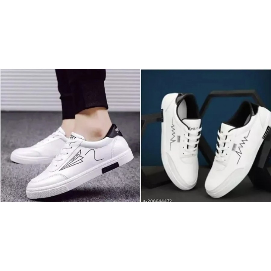 Stylish White Mesh Self Design Sneakers For Men Combo Of 2 Pair