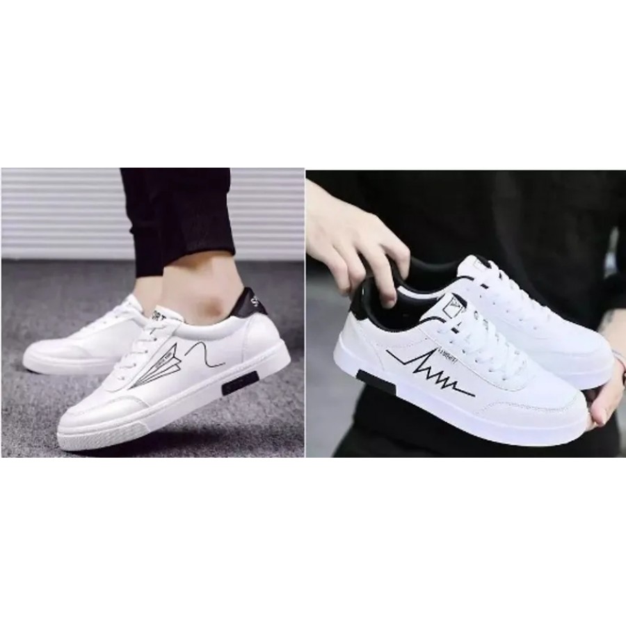 Stylish White Mesh Self Design Sneakers For Men Combo Of 2 Pair