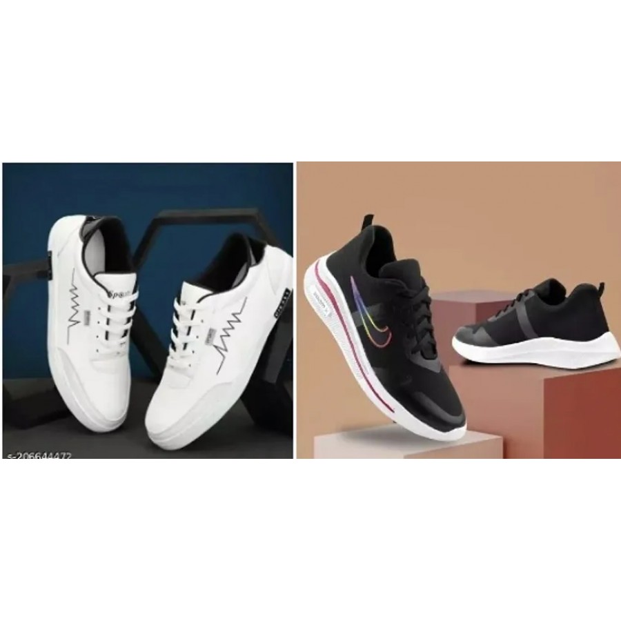 Stylish White Mesh Self Design Sneakers For Men Combo Of 2 Pair