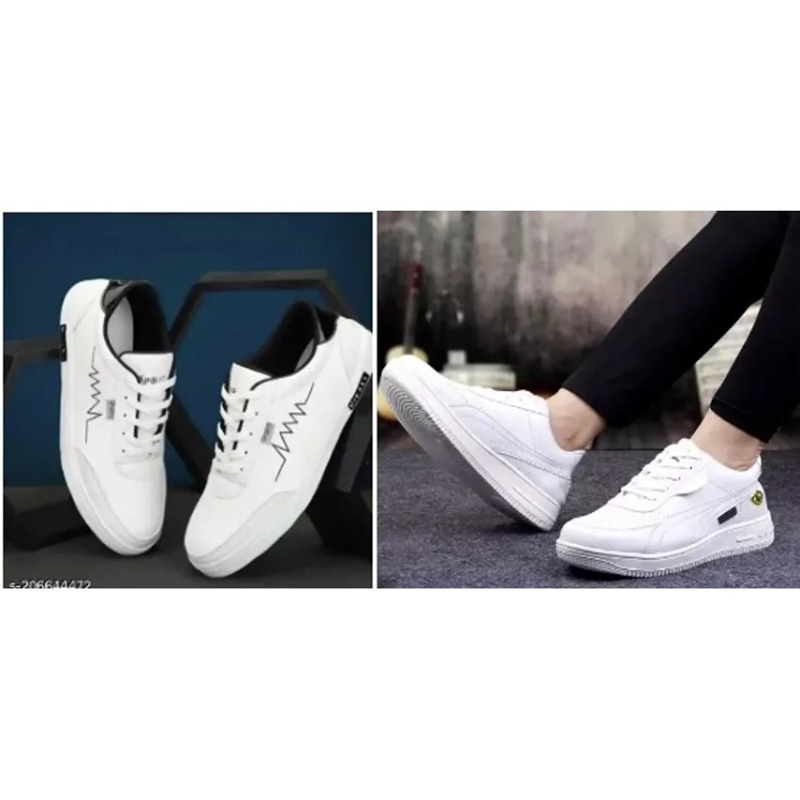 Stylish White Mesh Self Design Sneakers For Men Combo Of 2 Pair