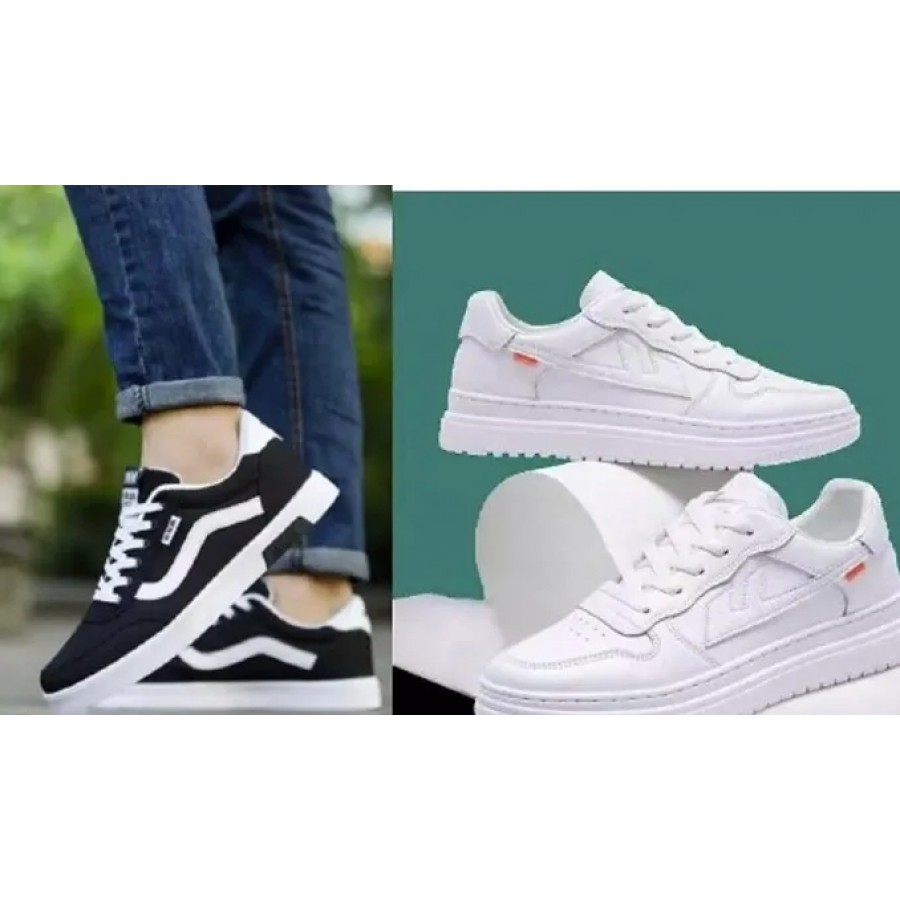 Stylish White Mesh Self Design Sneakers For Men Combo Of 2 Pair