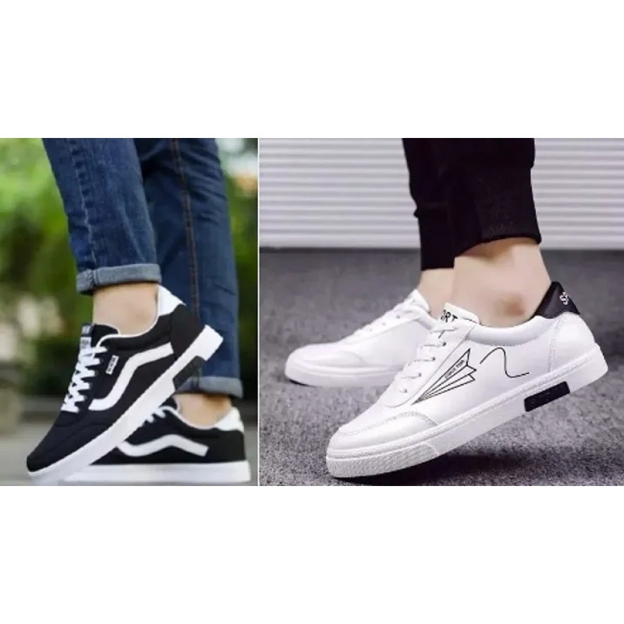 Stylish White Mesh Self Design Sneakers For Men Combo Of 2 Pair