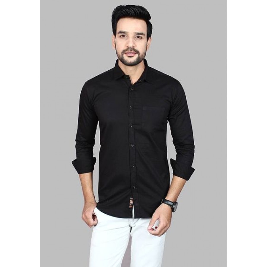 Amazing Black Cotton Blend Solid Long Sleeves Casual Shirts For Men