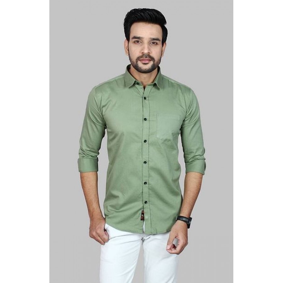 Amazing Green Cotton Blend Solid Long Sleeves Casual Shirts For Men