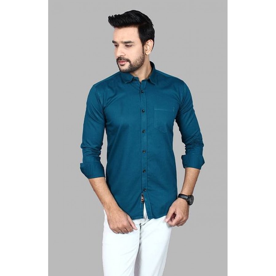 Amazing Green Cotton Blend Solid Long Sleeves Casual Shirts For Men