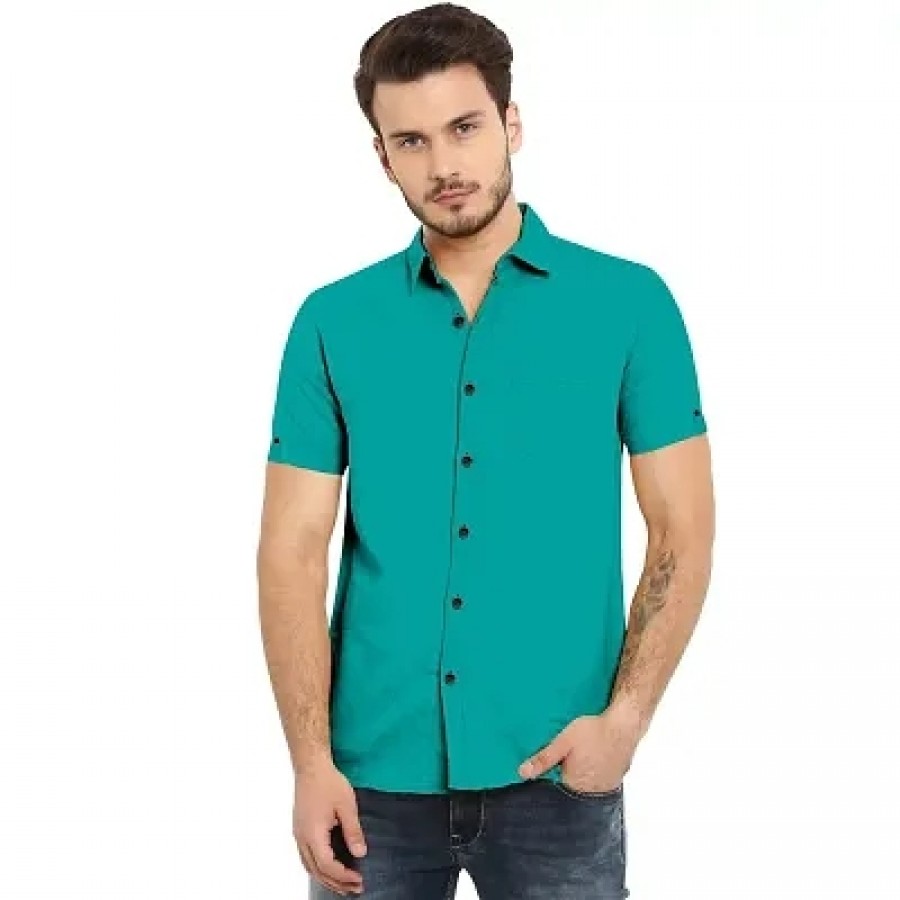 Amazing Green Cotton Solid Casual Shirts For Men