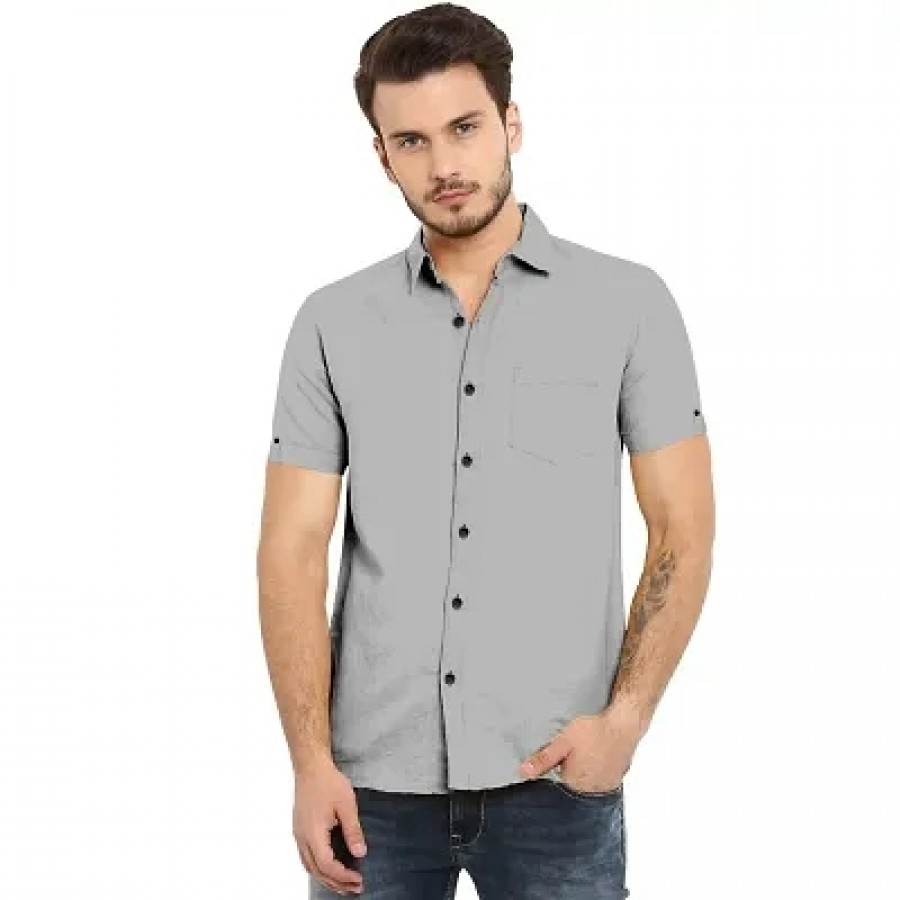 Amazing Grey Cotton Solid Casual Shirts For Men