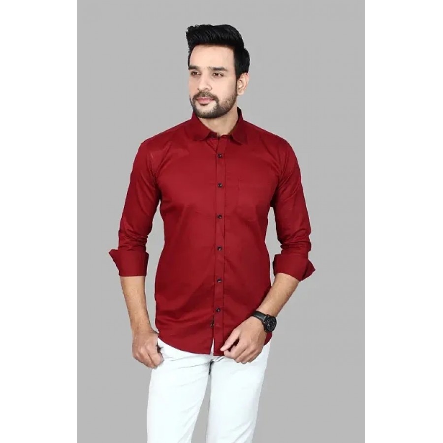 Amazing Maroon Cotton Blend Solid Long Sleeves Casual Shirts For Men