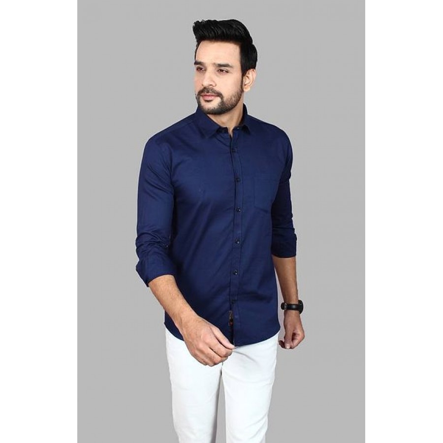 Amazing Navy Blue Cotton Blend Solid Long Sleeves Casual Shirts For Men